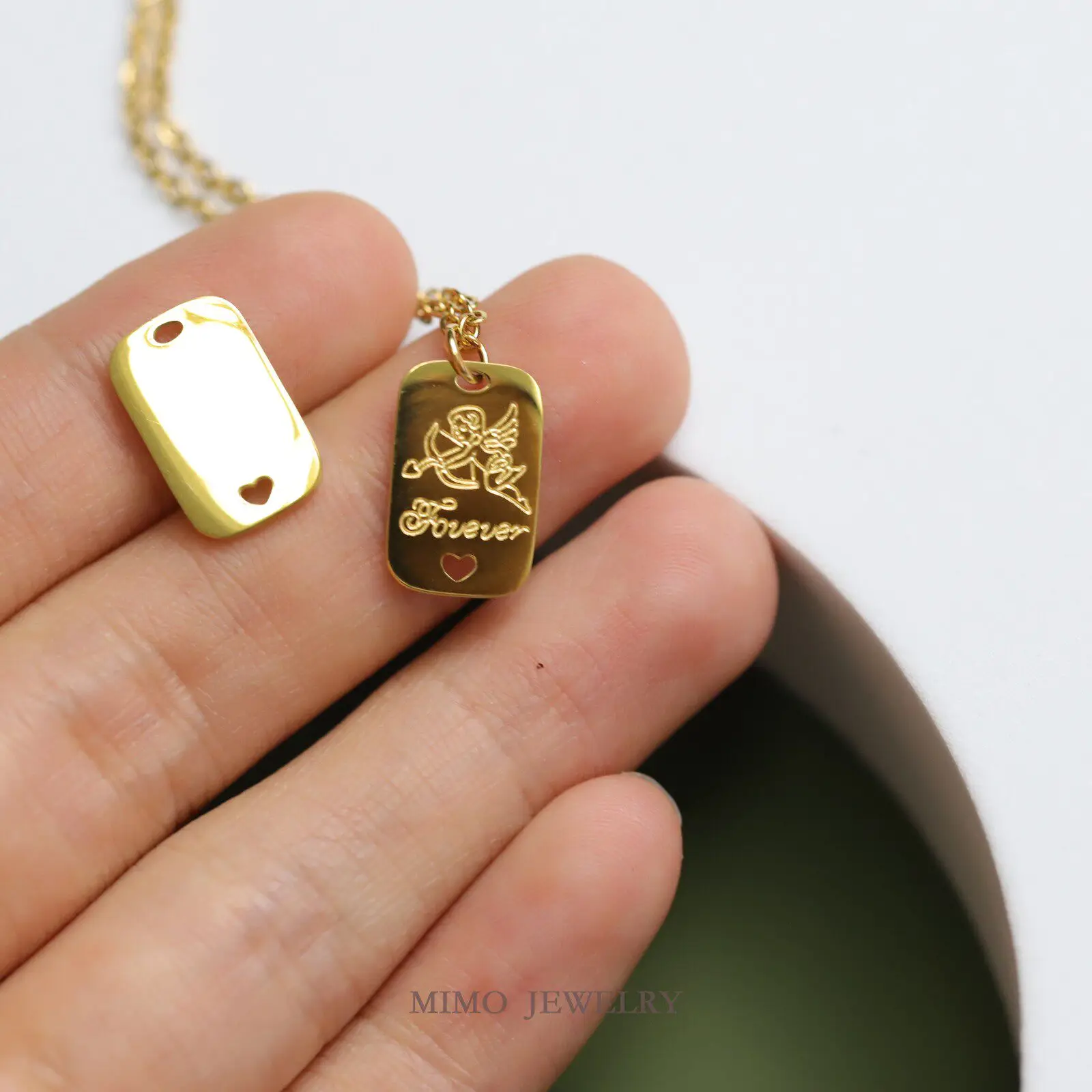 Pingente de aço titânio banhado a ouro com formato de coração de pêssego e anjo quadrado dourado para fabricação de joias, acessórios DIY para pulseiras.