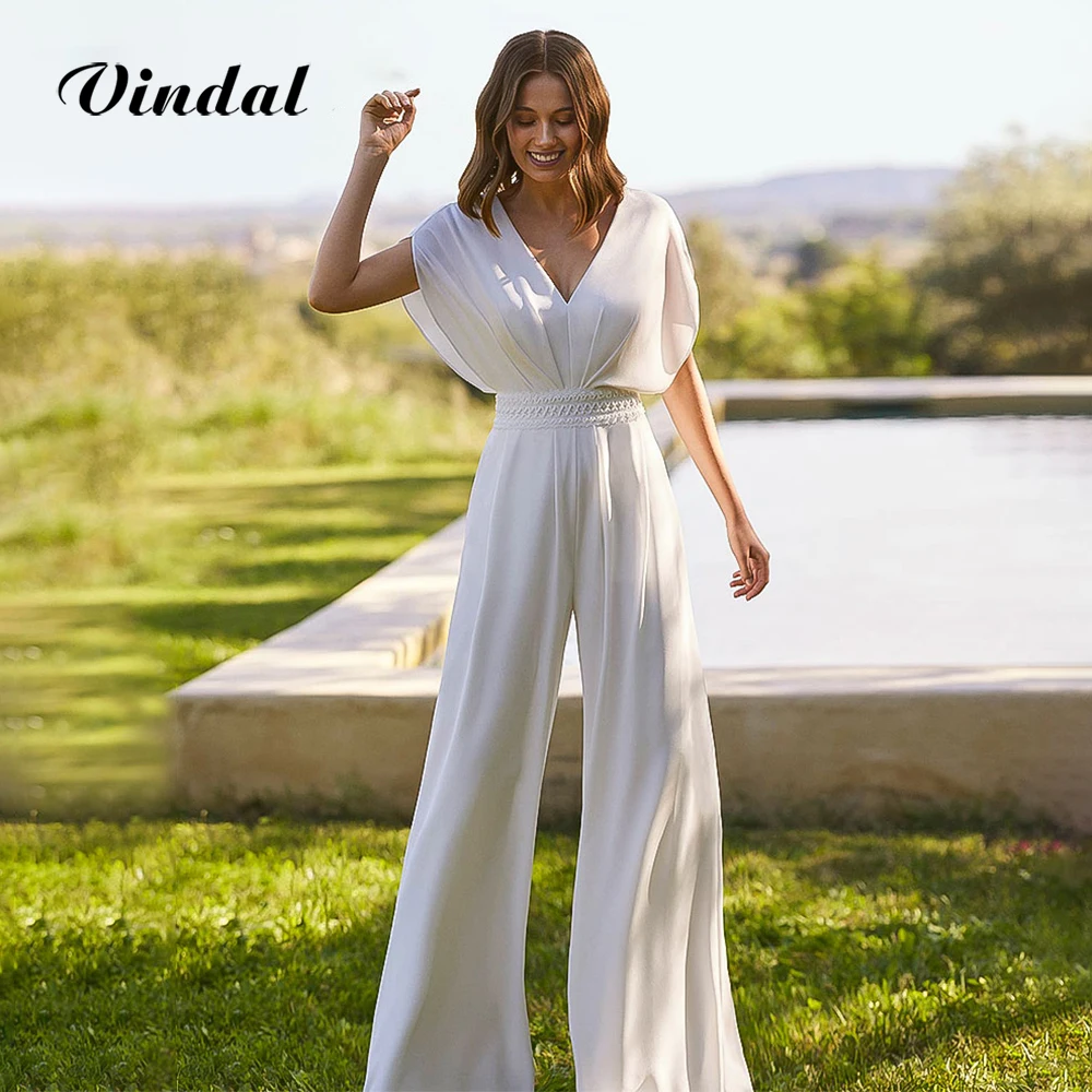 Vindal 2026 ربيع طويل كريب بذلة فساتين الزفاف الخامس الرقبة Batwing كم بوهو سروال الزفاف دعوى مفتوحة الظهر مخصصة