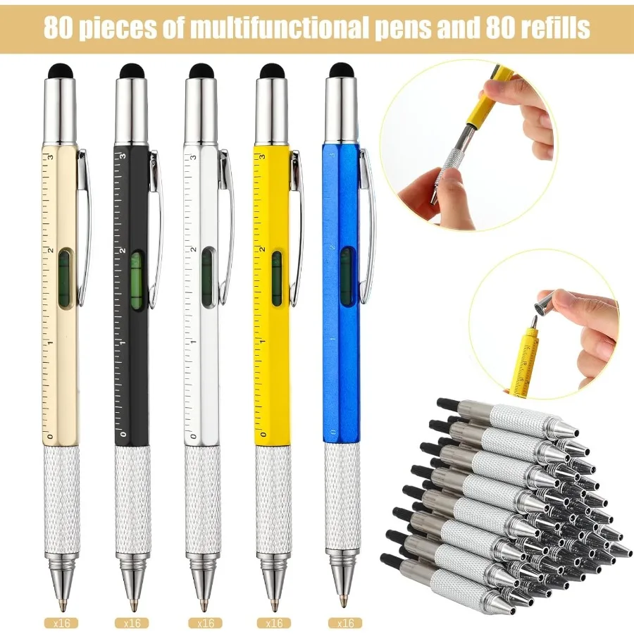 Yeaqee 80 قطعة قلم متعدد الأدوات هدايا لعيد الآباء 6 في 1 مفك براغي أقلام متعددة الوظائف مع عبوات حبر أسود مستوى المسطرة Ga #5