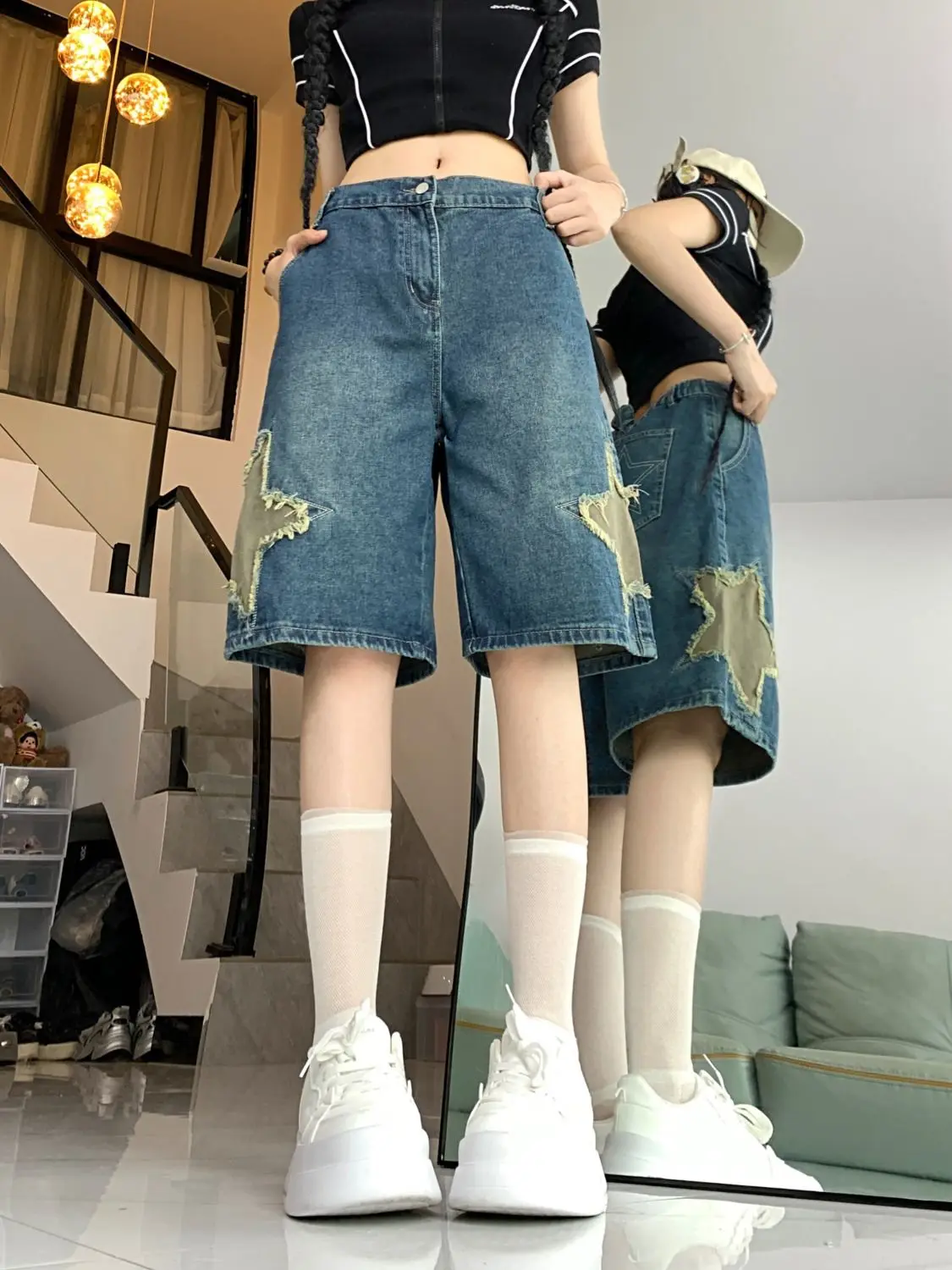 Pantaloncini di jeans ricamo Star Patch pantaloncini larghi Y2K Harajuku Retro Streetwear moda estiva pantaloni corti Casual blu