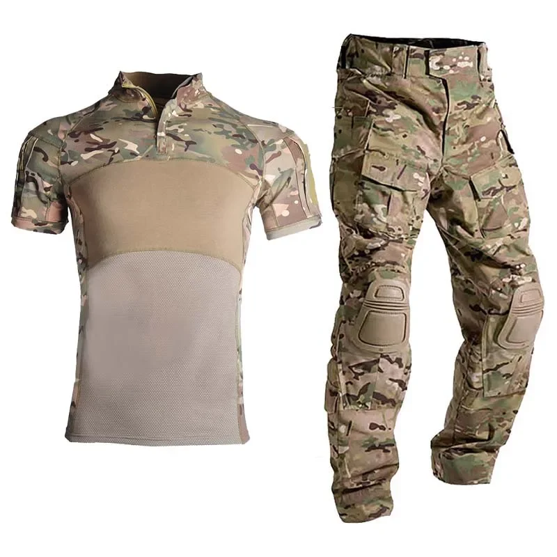 

Outdoor Work Clothing for Men Multi Pockets Hiking Shirts Wear Resistant Camo Pants Cargo Knee Pads Suits