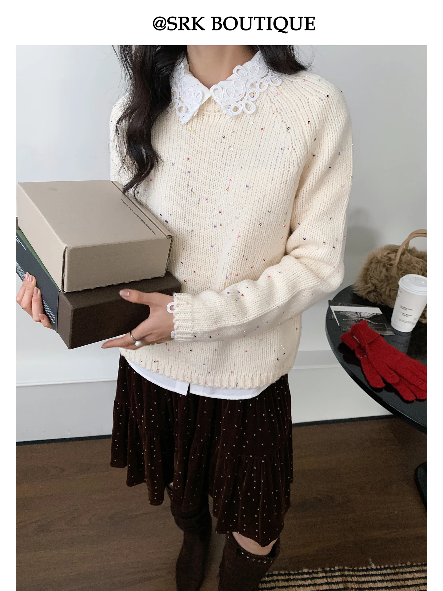 

Женский вязаный свитер SRK Gentle Overhead с длинными рукавами, свободного кроя, с пайетками, модный, зимний, теплый, дышащий