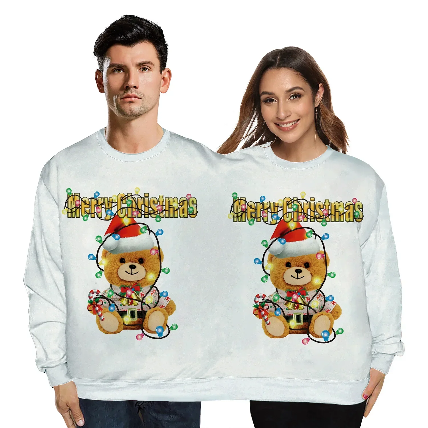 Christmas Holiday Spoof Fun 3D Digital Print Couple One-piece Double Sweatshirt Loose Couple Outfit Casual Fashion