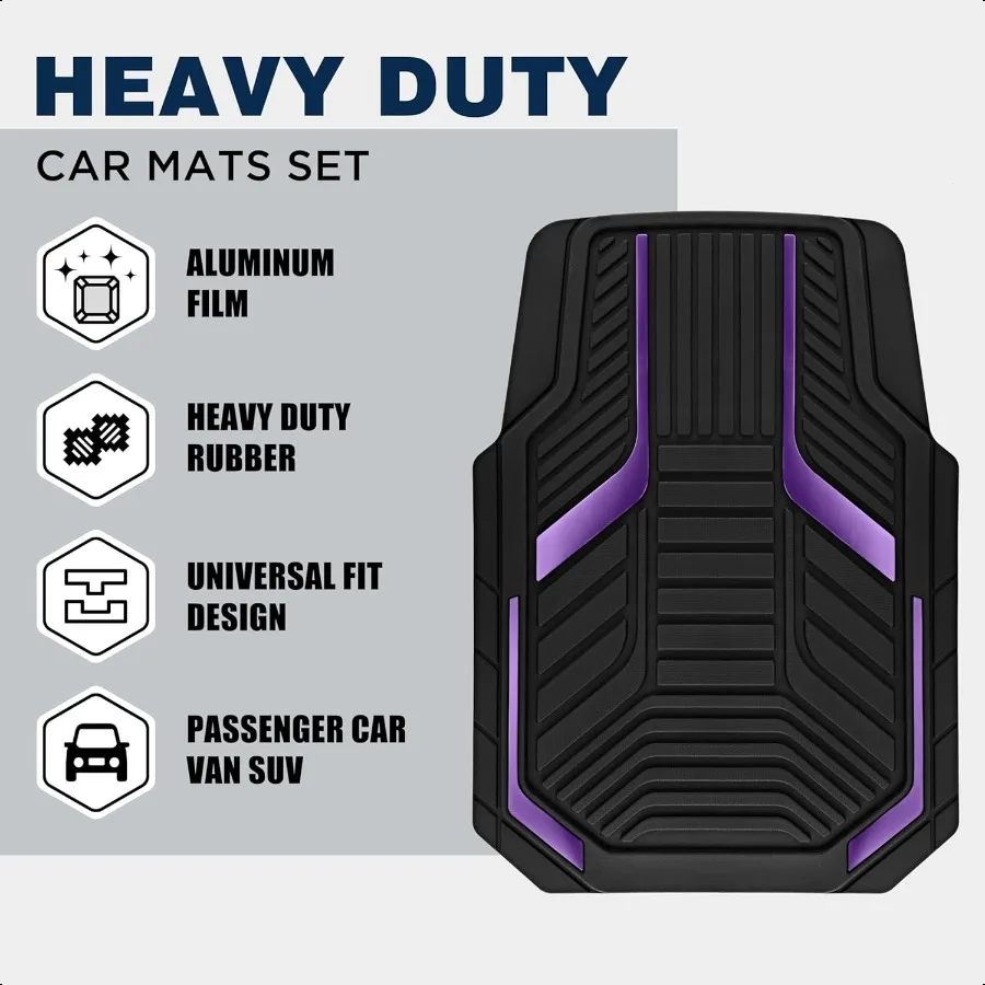 Heavy Duty Rubber Floor Mats Purple Aluminum Film Car Mats Set Front and Rear Car Mats with AntiSlip Backing All Weather Protec
