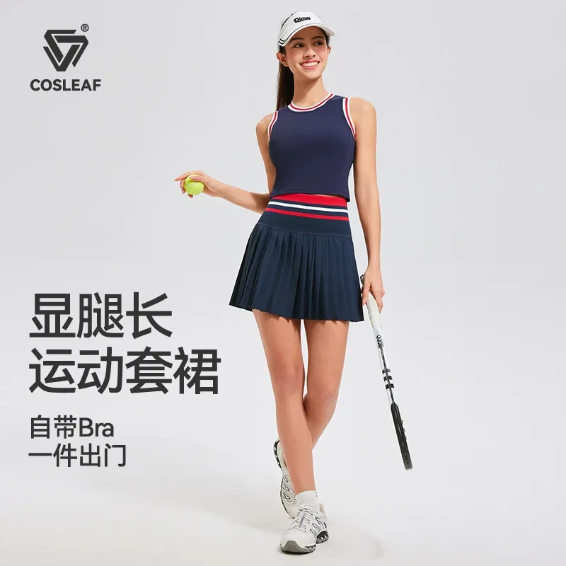 Golf Skort Women Stripy Tennis Tank Top Pleated Skirt with Shorts Underneath Women Badminton Outfit Yoga Fitness Gym Active Wear