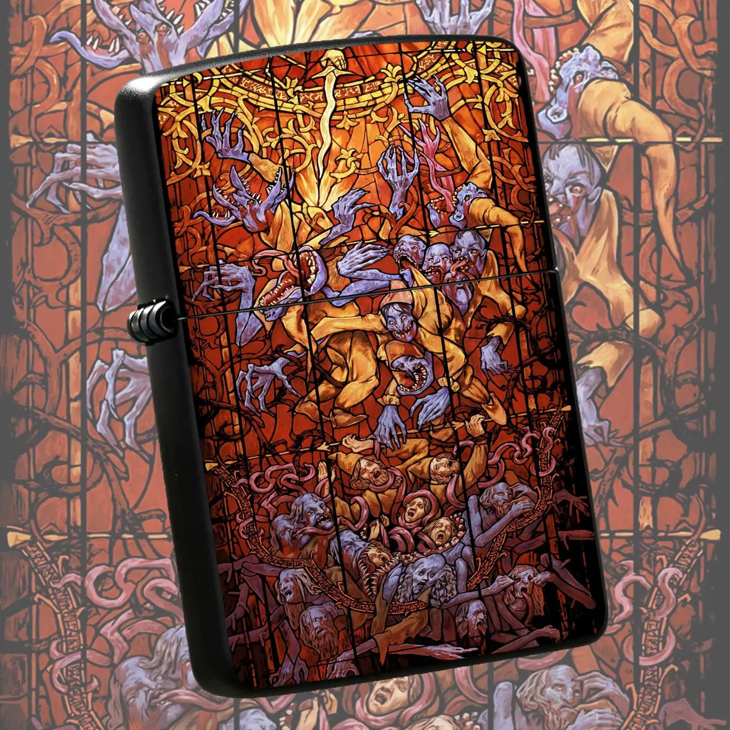 Gothic Hell Demons Themed Windproof  Lighter Reusable Flip-top Pocket Retro Stained Glass Dark Style Creative Trendy Portable Igniter Niche Art Design Durable Collectible Playable Practical for Daily Travel Humorous Lighter