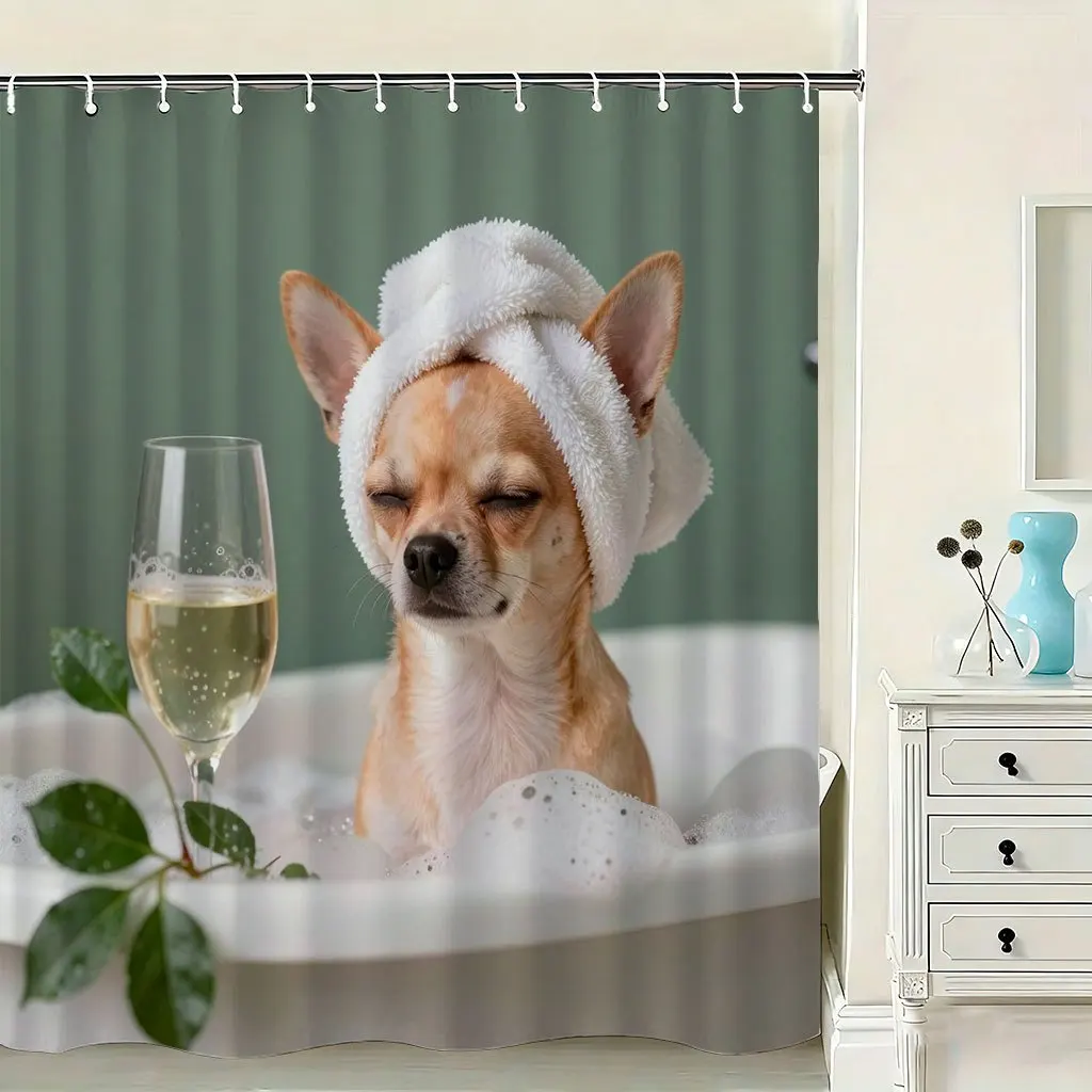 Funny Chihuahua Shower Curtain, Dog Spa Bath Print, Humorous Animal Bathroom Decor, Waterproof Fabric Panel
