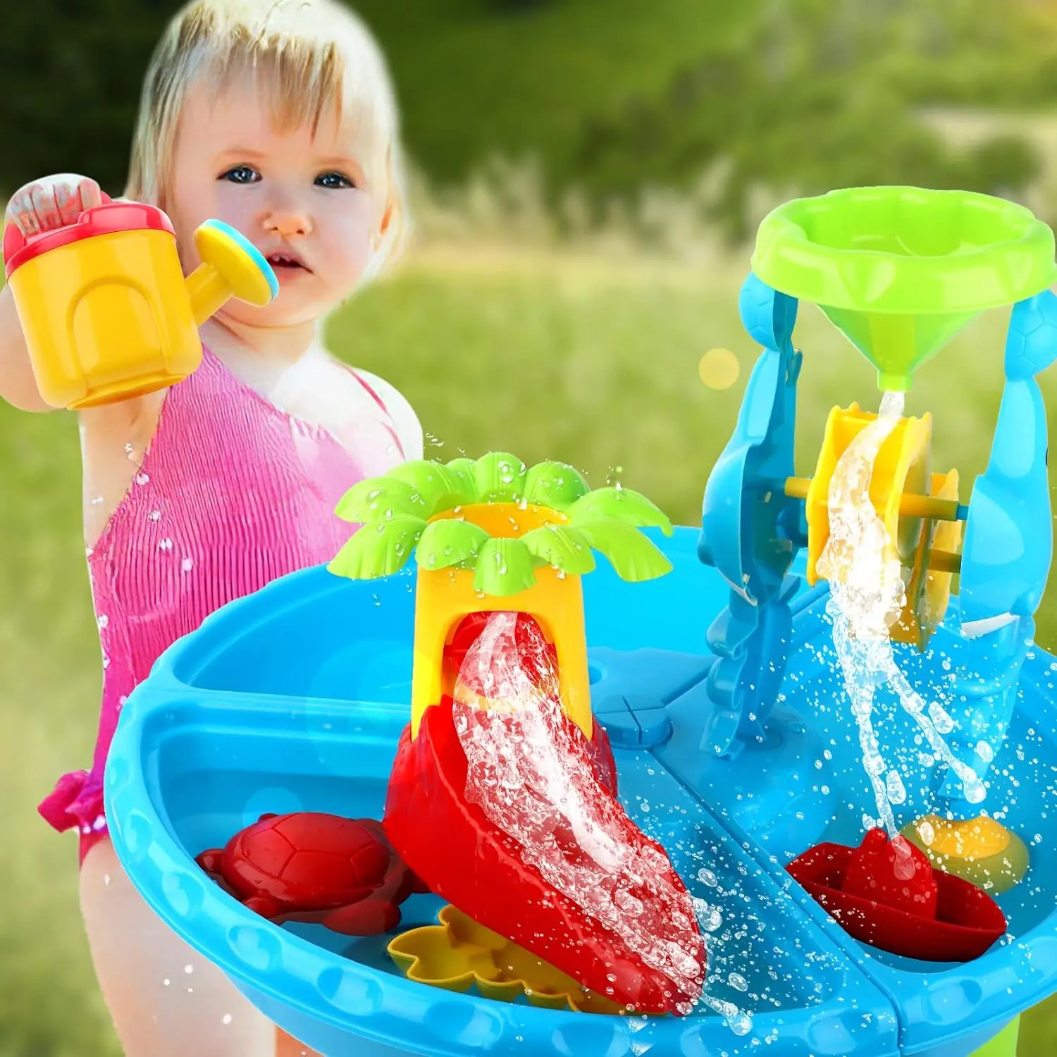 Mesa de arena y agua para niños, juguetes de playa, mesa de arenero para actividades al aire libre, mesa de juego sensorial con rueda de agua de delfín, moldes, arena