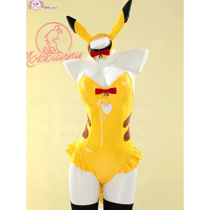 CyAnime Pi Ka Chu amarillo PU Cosplay disfraz Ka Chu Cosplay amarillo lindo pijama de club nocturno vestido de mujer lencería de conejito Cos Hallowee