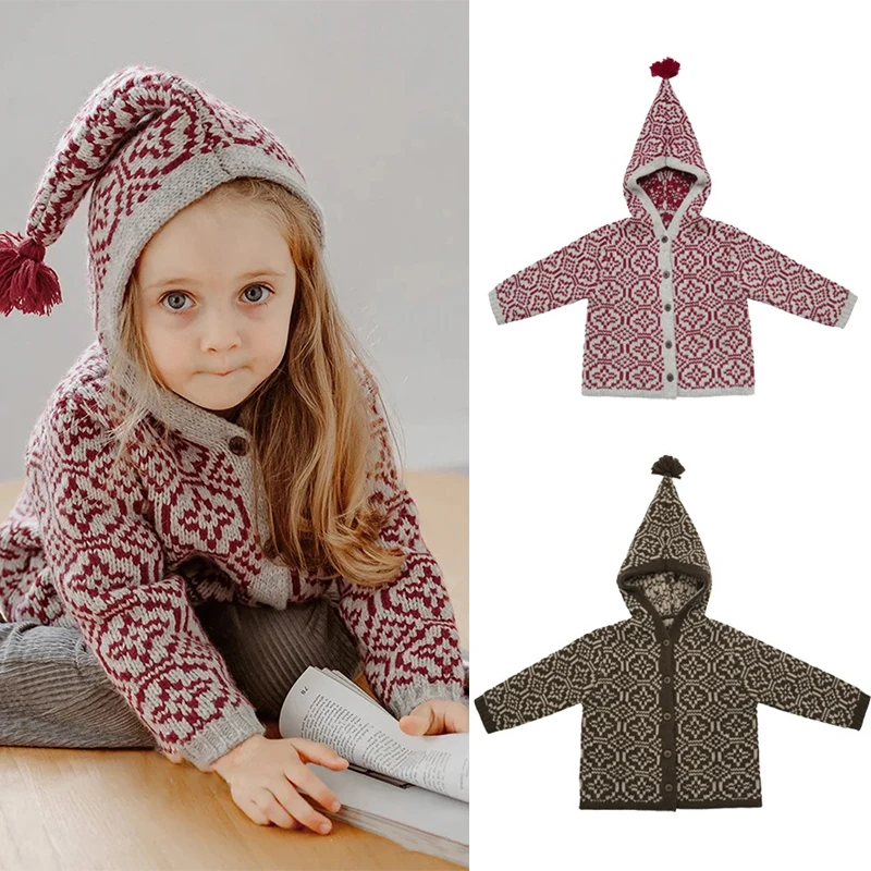 Kids Sweater 2024 Winter Kids Wool Santa Elf Cap Cardigan Boys Vintage Hooded Sweater Baby Girl Nordic Style Knitwear