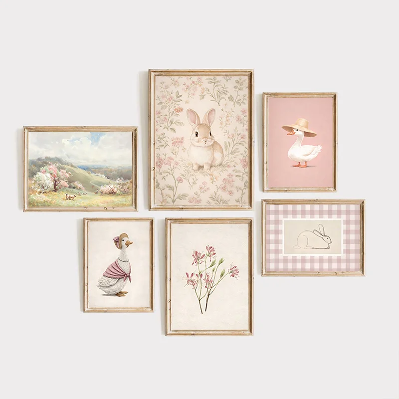 French Vintage Animal Poster Pink Bow Floral Wall Art Print Decorative Painting Home Decor for Children's Room Kids Room Nursery