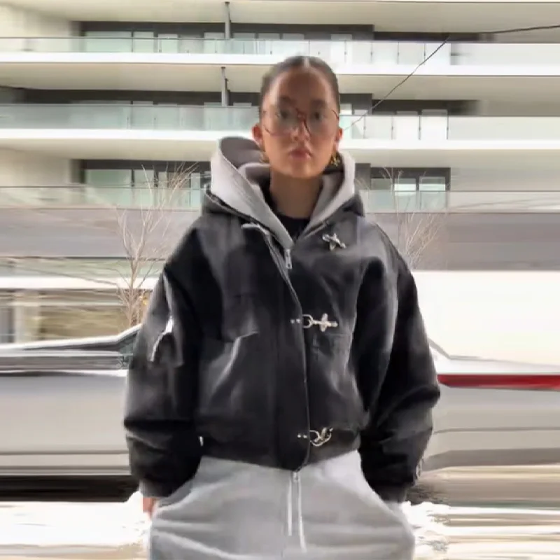 

Women's Vintage Trendy Jacket Chic Long Sleeve Hooded Jackets Loose Pocket Zipper Outerwear 2025 New Autumn Winter Streetwear