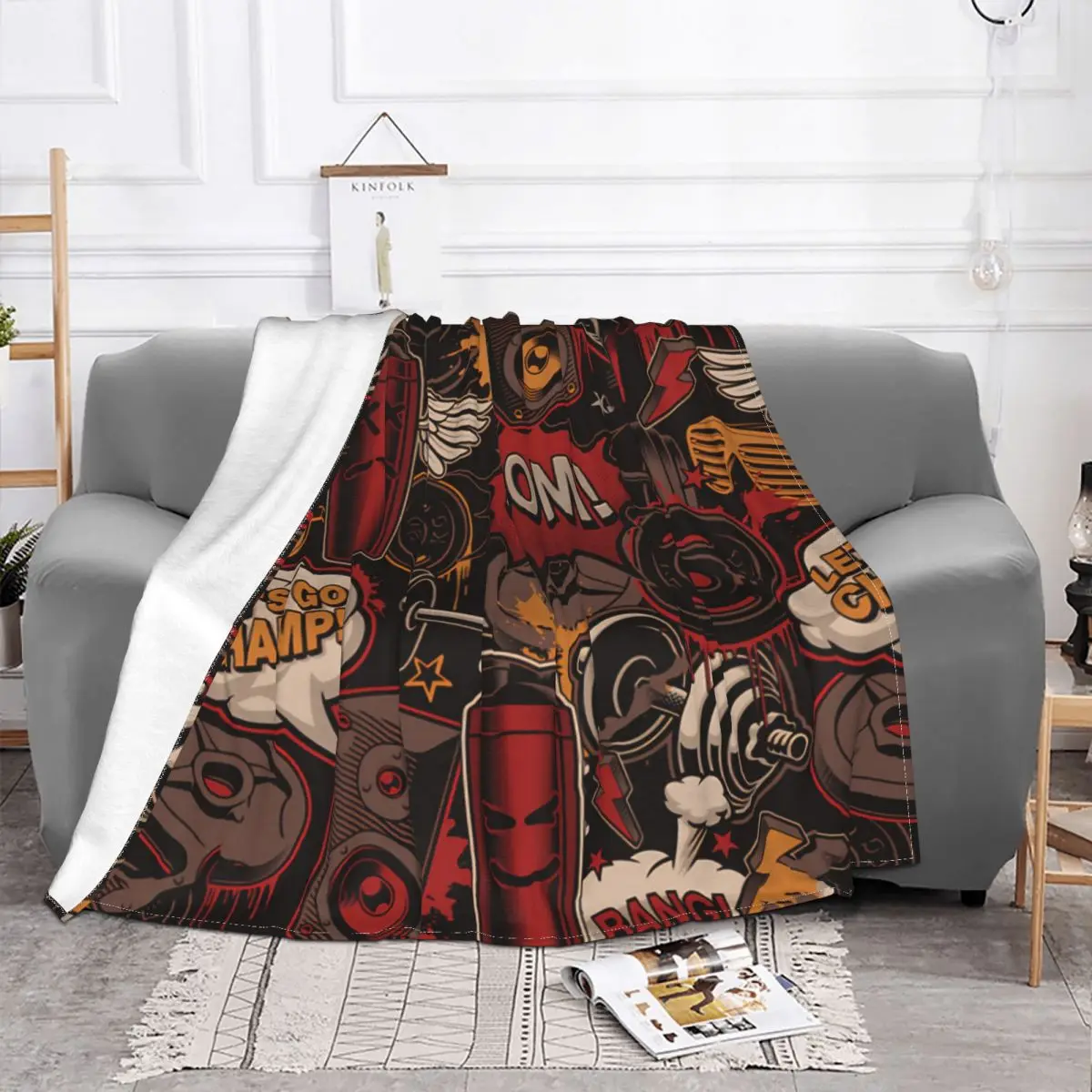 Gym In Graffiti Style With Cartoony Barbells Blanket Graffiti Art Flannel Cute Throw Blankets For Bedding Plush Thin Quilt