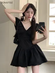 Black A-line Dress Women Summer Sweet Princess Pure Chic V-neck Students Gentle Folds Designed Fashion Classic Vintage Vestidos