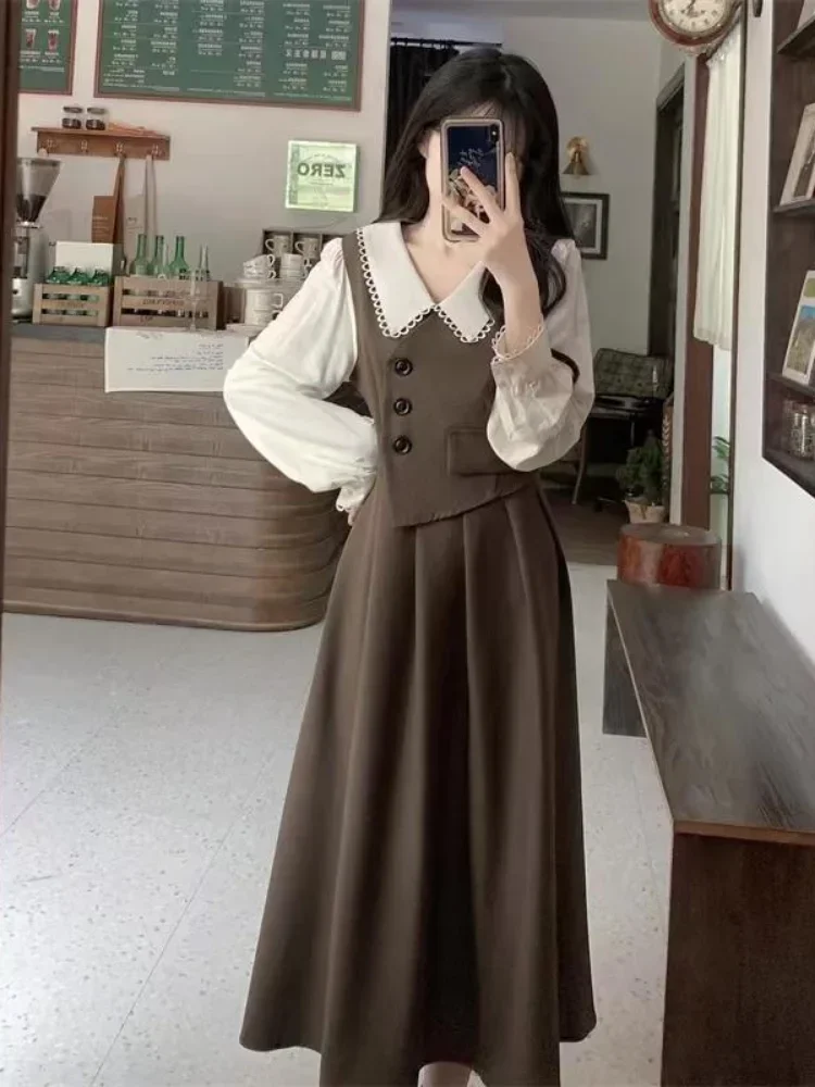 Woherb Retro Fake Two-piece White Dress Long Sleeved Stitching Pleated es 2024 Autumn Elegant Mid Length Brown  Female