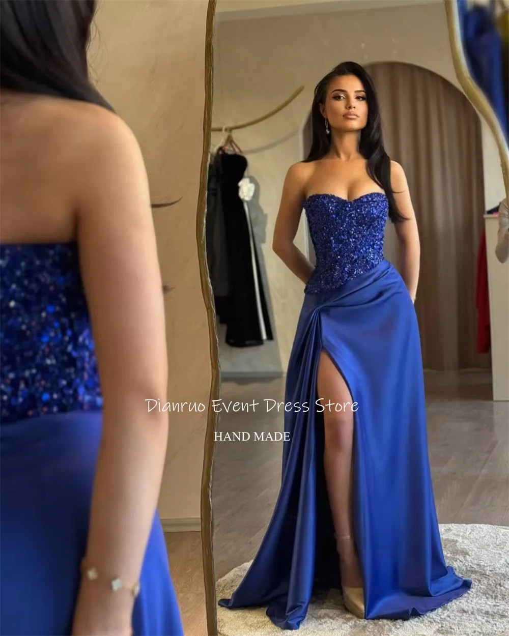 Dianruo فساتين سهرة طويلة فاخرة على شكل قلب أزرق ملكي من الساتان Abendkleider Hochzeit فتحة عالية حورية البحر فساتين حفلات مخصصة