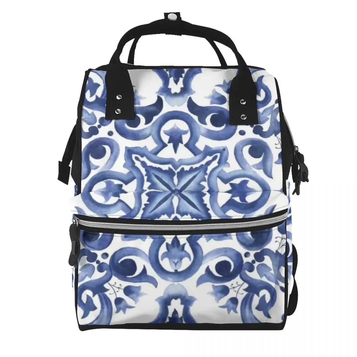 Blue Ornate Floral Mediterranean Sicilian Tile Student Backpack School Bag  Daypack for Men Women Bookbag Shoulder Bags