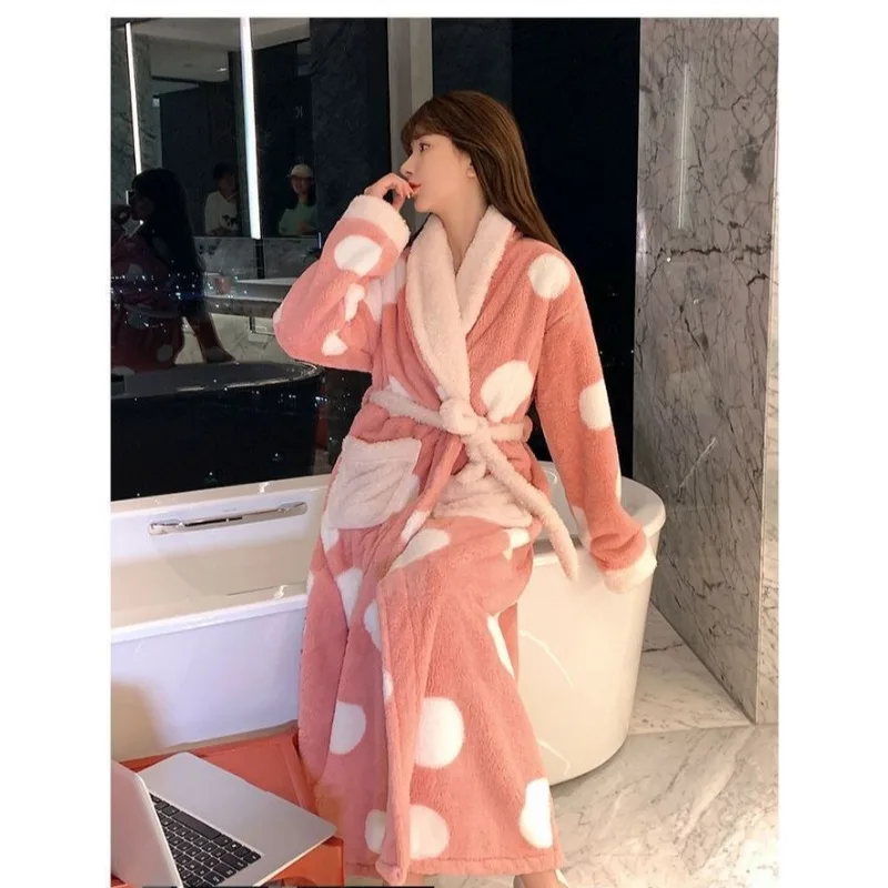 

Thickened Flannel Bathrobe Long Pajamas Comfort Loose Nice and Warm Coral Fleece Night Gown Female Autumn and Winter Nightdress