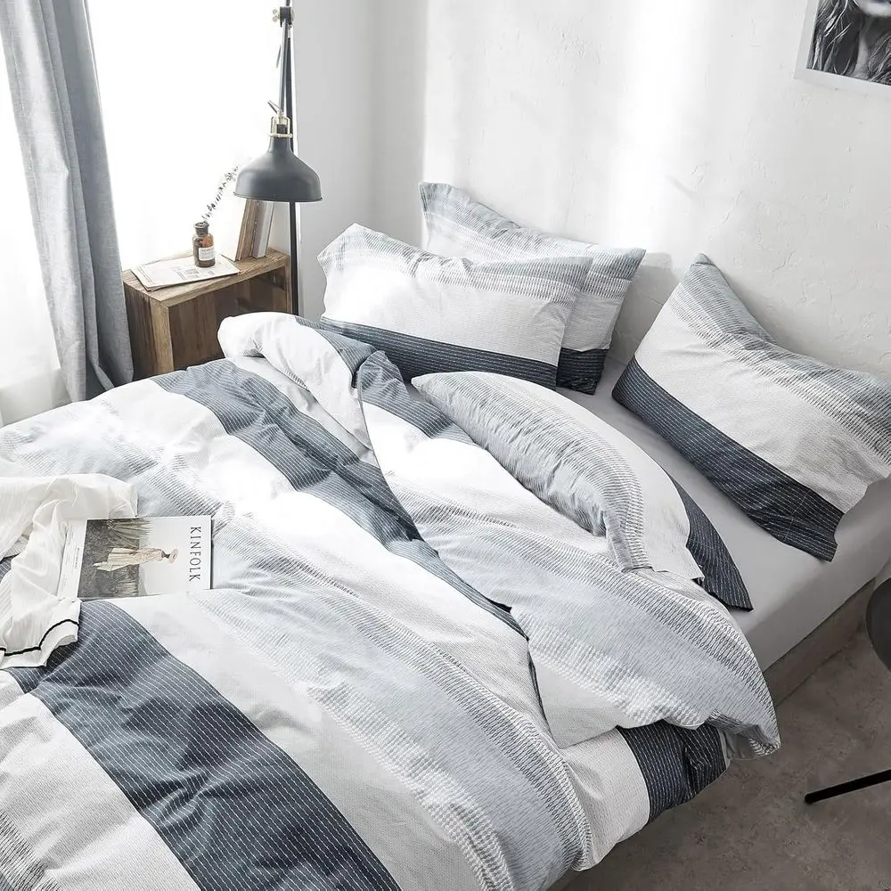 Queen Gray Stripe Comforter Set with Geometric Pattern for Men, Fluffy and All-Season, Includes 1 Comforter & 2 Shams