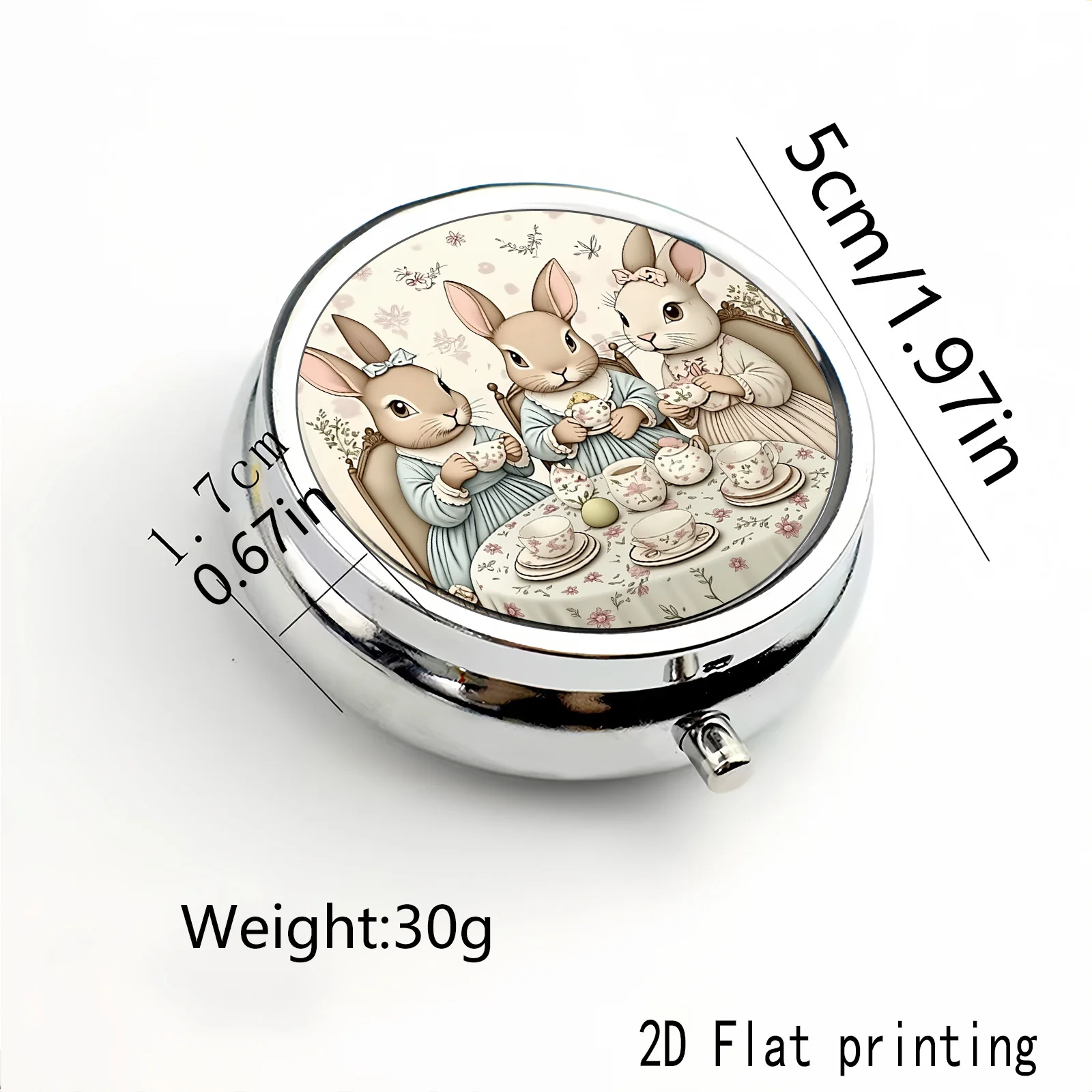 Afternoon Tea Three-Rabbit Tea Cup Design, Square Two-Compartment, Round Three-Compartment, Two Types of Small Medicine Boxes, Portable Medicine Storage, Small Jewelry Storage, Suitable for Handbags or Travel, Vintage Warm and Cozy Gift, Souvenir, Prize, Small Gift
