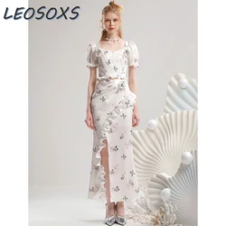 Designer Model Romantic Suit Skirt for Women Summer New Three-Dimensional Flower White Printed Short Sleeve Shirt Top Long Skirt