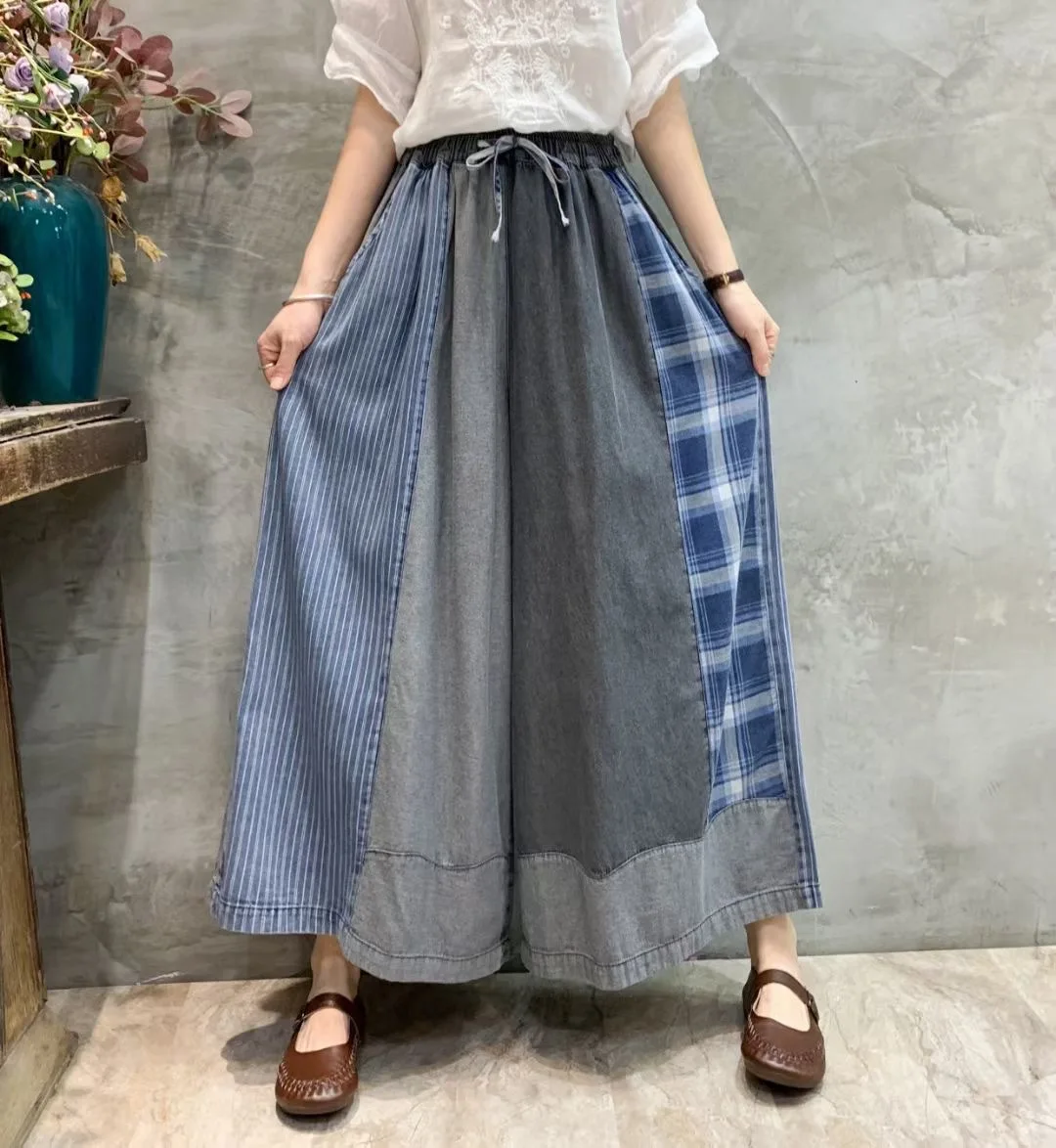Frühling Sommer Mode Denim Breite Hosen Frauen Lose Klassische Plaid Vintage Jeans Frauen Gestreiften Freizeit Übergroßen Hosen