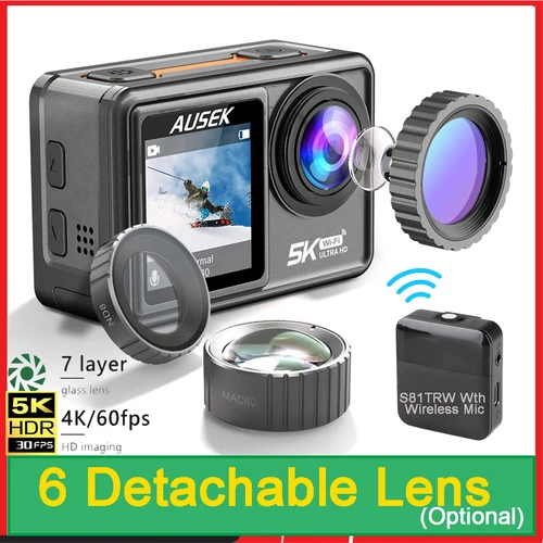 AUSEK S81TRW 액션 카메라, DVR EIS, 옵션 필터 포함, 5K, 4K60FPS, 48MP, 5 배 줌, 1080P 웹캠, Vlog, Wi-Fi, 스포츠 캠, 리모컨 포함 