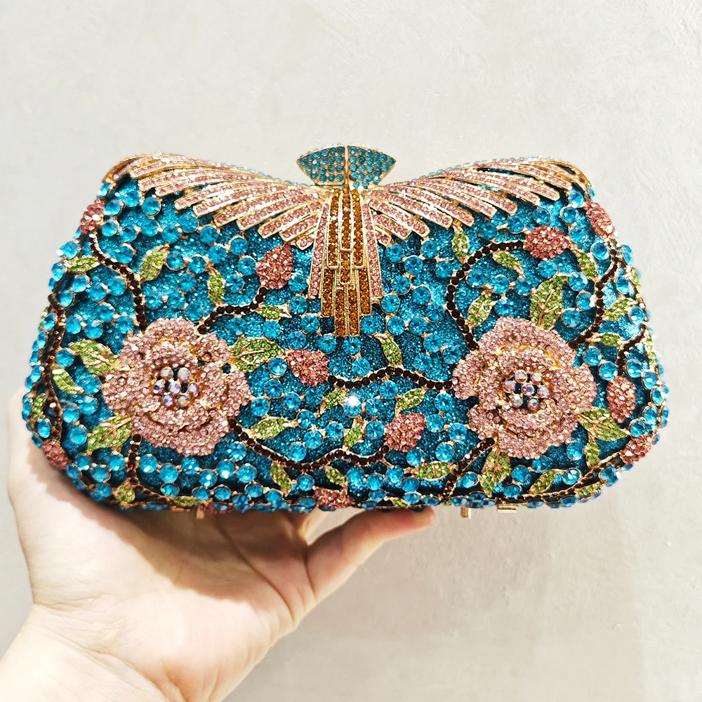 High-End Gold Metal Blue Rhinestone Women Evening Clutch Bag Flower Ladies Green Crystal Diamond Shoulder Handbags Party Purse