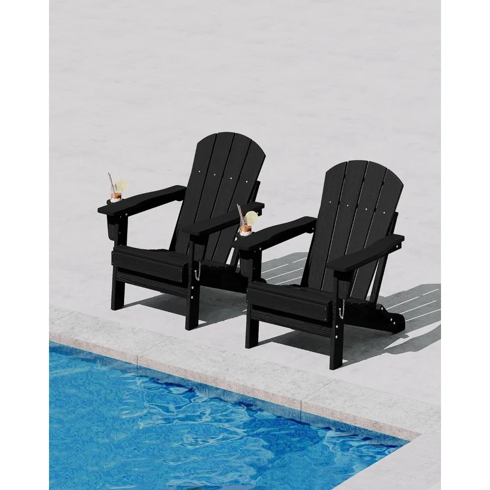 Outdoor Patio Chair Foldable Fire Pit Chair with Wooden Textured Look & Cup Holder for Deck, Garden, Porch