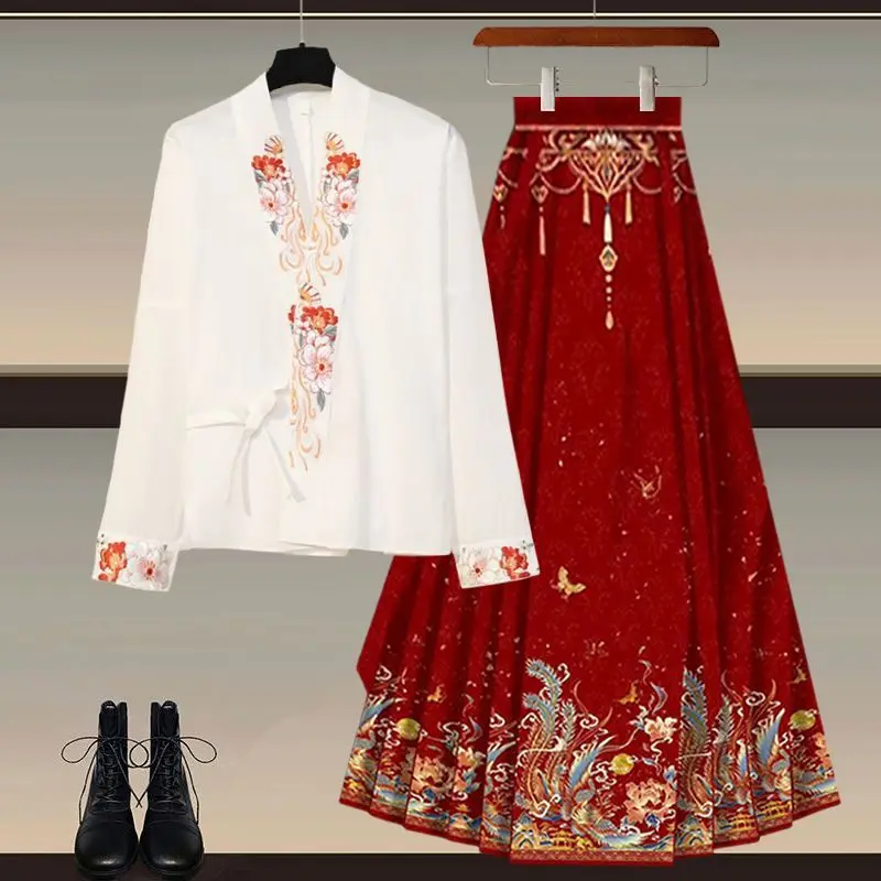 

Новый костюм в китайском стиле для женщин, новинка 2023 года, топы Hanfu для женщин с возрастной юбкой с конским лицом, комплект из двух предметов