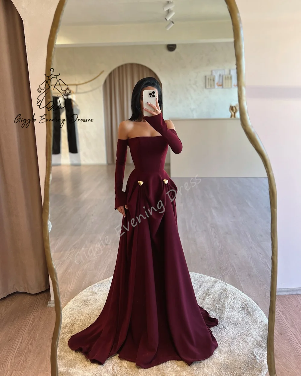 Giggle Evening Dresses A-Line Ruched Off-the-shoulder elegant Crepe Long Sleeve Formal Saudi evening gala dress for women 2024