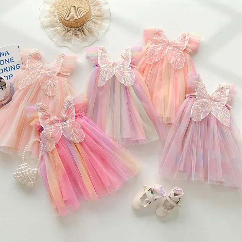 Toddler Baby Summer Princess Dress Kid Mesh Lace Sweet Rainbow Dress Sleeveless 3D Angel Wings Fairy Dress Children Clothes