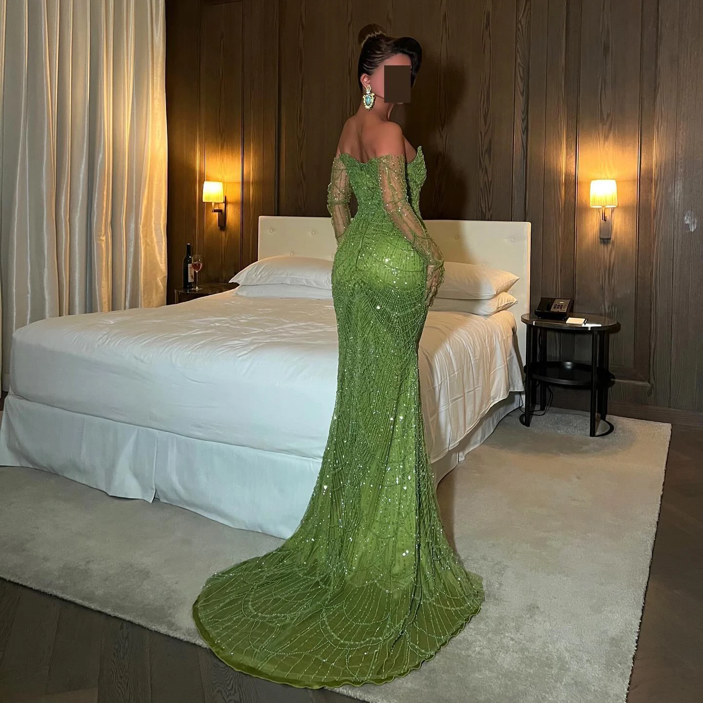 Sharon Said Luxuriöse Dubai Meerjungfrau Abendkleider in Grün-Schwarz mit Handschuhen Arabische Damen Hochzeits-Partykleider SS606 Maßanfertigung – Detail 7