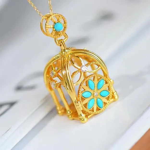 Gorgeou Exquisite Style Gold Color Imitation Turquoise Flower Filament Bird Cage Necklace Women High End Luxury Banquet Necklace