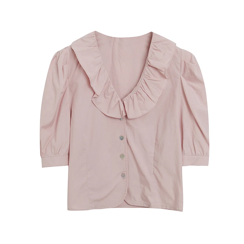 

Summer ort Sve Bubble Sve irt for Women Turn-down Collar Single Button Faionable Versatile Youthful Age-defng B...