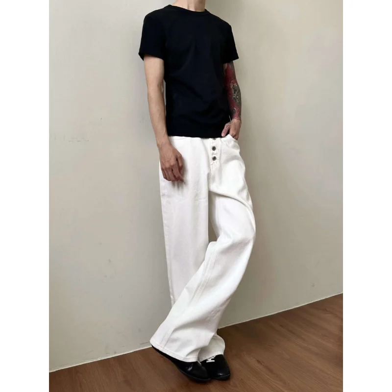 ملابس رجالية من EME باللون الأبيض الصلب بتصميم كلاسيكي بأزرار معدنية مستقيمة وفضفاضة #2