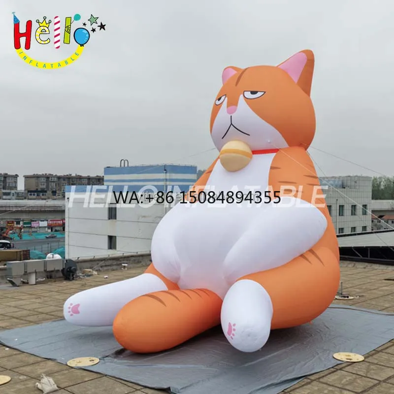 Inflatable Sitting Cat Model Funny Grumpy Orange Tabby Character with Bell for Outdoor Event and Brand Promotion Decoration