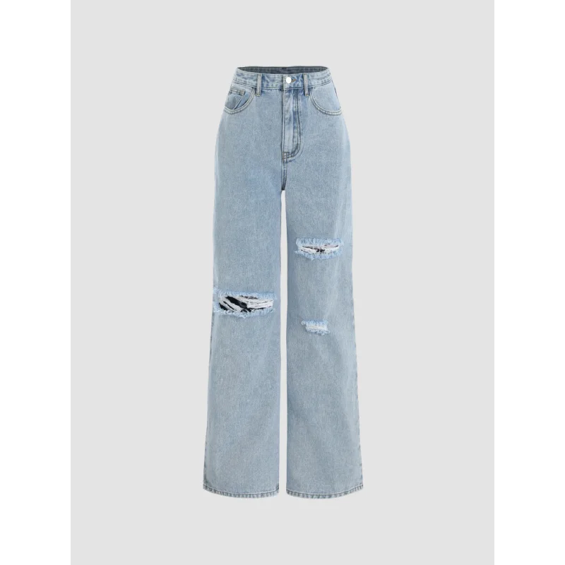 

WOMEN JEANSHot-Selling Loose Slimming Wide-Leg Pants Straight High-Waist Washed Distressed Jeans Trendy