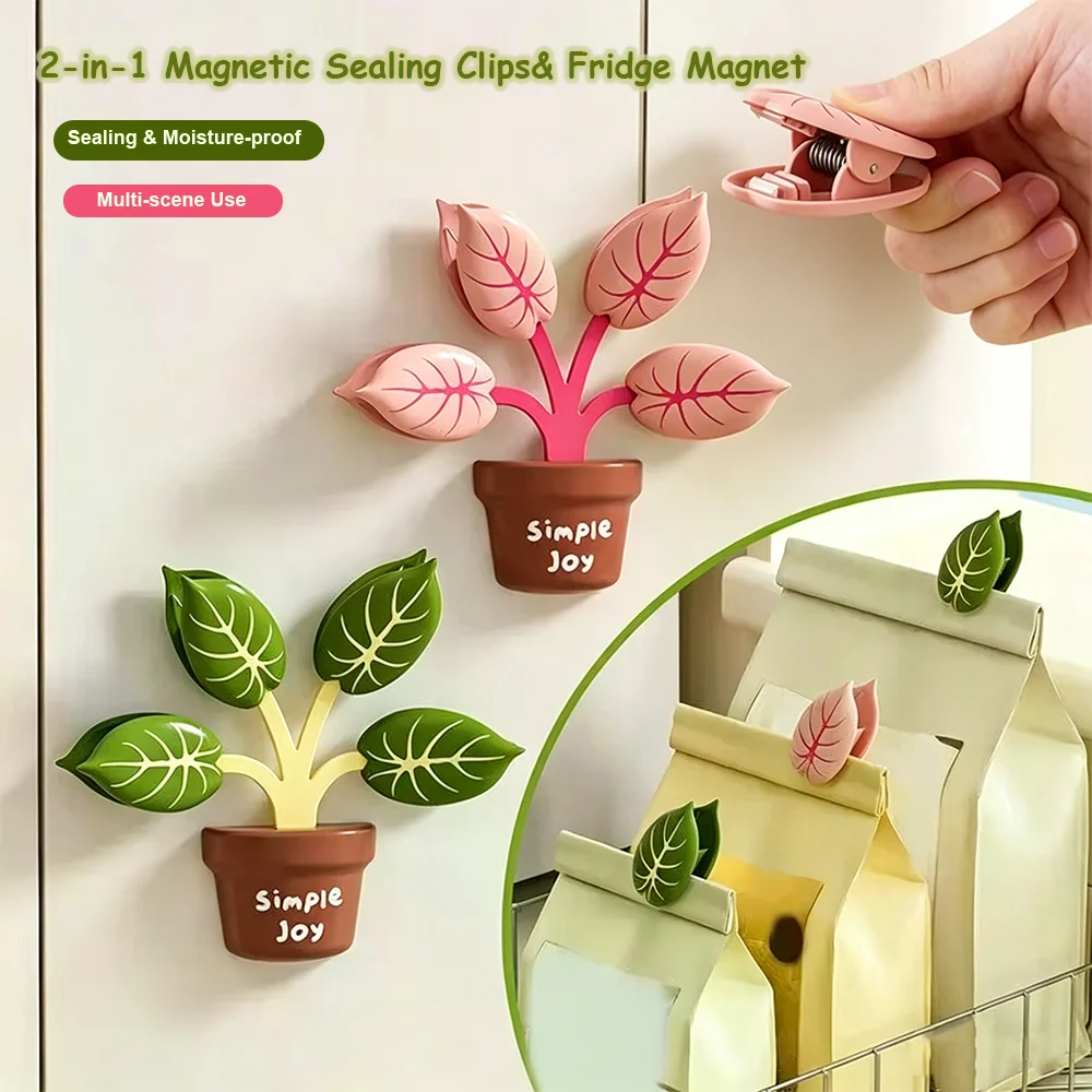 2-in-1 Creative Plant Magnetic Sealing Clips for Fridge Magnet & Bag, Reusable Food Bag Sealer Clips, Kitchen Storage Tools