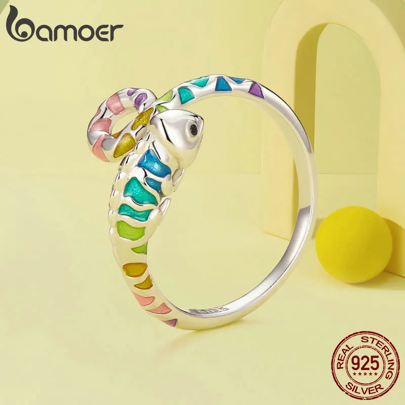 Bamoer 925 Sterling Silver Colorful Chameleon Opening Ring Enamel Process Animal Adjustable Ring for Women Fine Jewelry