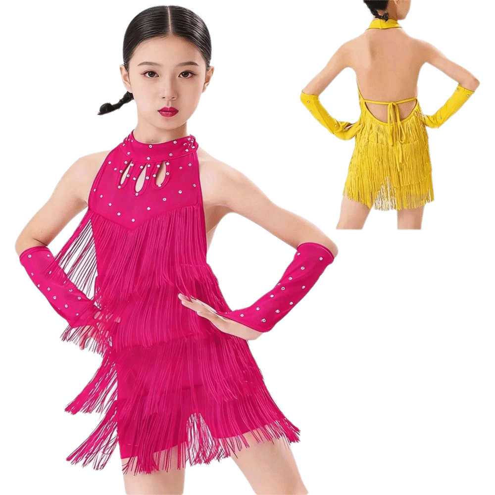 Vestido de Baile Latino con Lentejuelas y Flecos para Niñas, Traje Profesional para Presentaciones de Danza, Rumba, Bachata y Baile de Salón