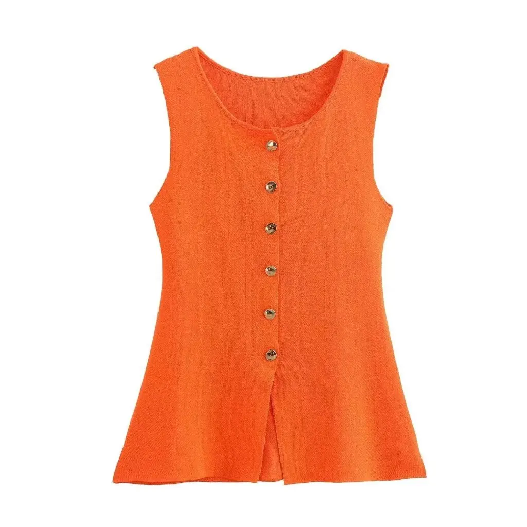 

Women's Gold Single-Breasted Knitted Vest Jacket European American Style Fashion Simple Design Wholesale Clothing