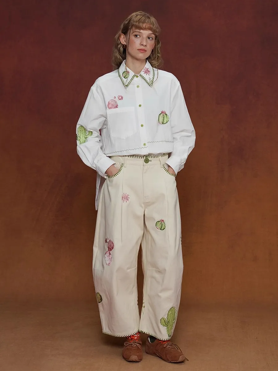 السيدات الصبار المطرزة عالية الخصر واسعة الساق السراويل الخريف