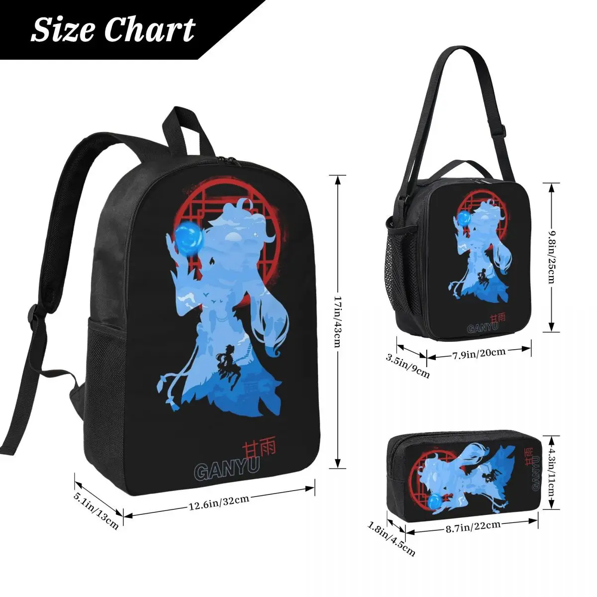 Genshin Impact Ganyu Backpack Student Boys Girls BookBag School Bag Laptop Shoulder Bags 3ps Insulated Lunch Bag Pencil Case