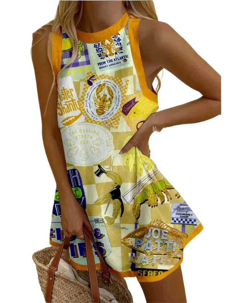 

Fashion Women's Sleeveless Dress Printed Summer New Round Neck Short Dress Beach Vacation Party Girl Dresses Beachwear Vestidos