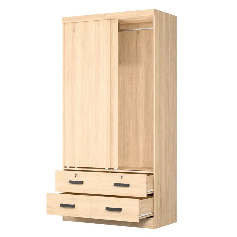 Walnut Sliding Door OEM Clothes Closet Wardrobe Cabinet 2 Door 2 Drawers Door Shelf Design Room Furniture Bedroom Closet Wood