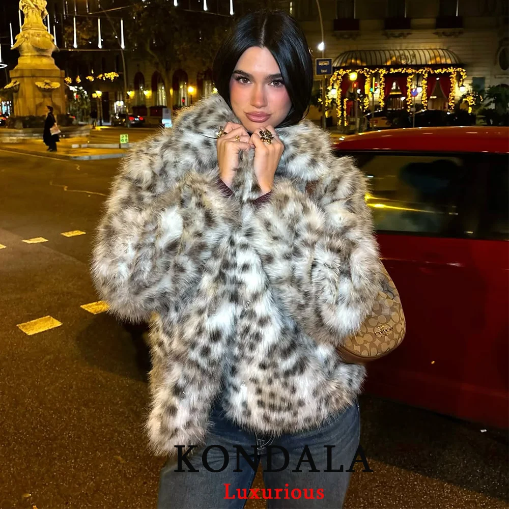KONDALA Vintage Leopard Faux Fur Jackets Women V Neck Long Sleeve Thick Warm Coats Fashion 2025 Autumn Winter Streetwear Outwear