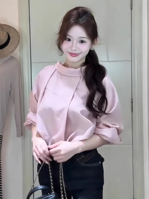 

plus Size Women's Pink Sa irt Long Sve Slimming Sle Korean Version Polyester Fiber Comfortable Breathable Autumn Top