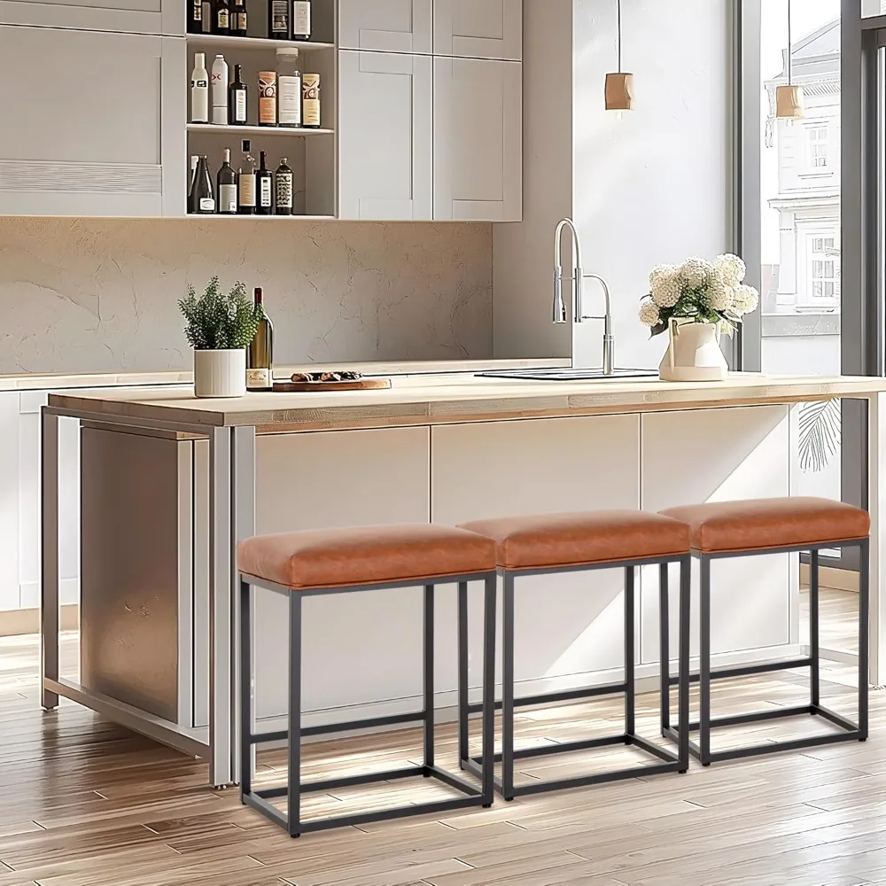 24 Inch Counter Height Bar Stools Set of 3, Upholstered Barstools for Kitchen Island with Faux Leather Cushion