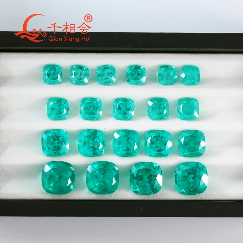 Lab grown Neon greenish blue paraiba color YAG cushion shape natural cut with minor cracks inclusions loose gem stone jewlery